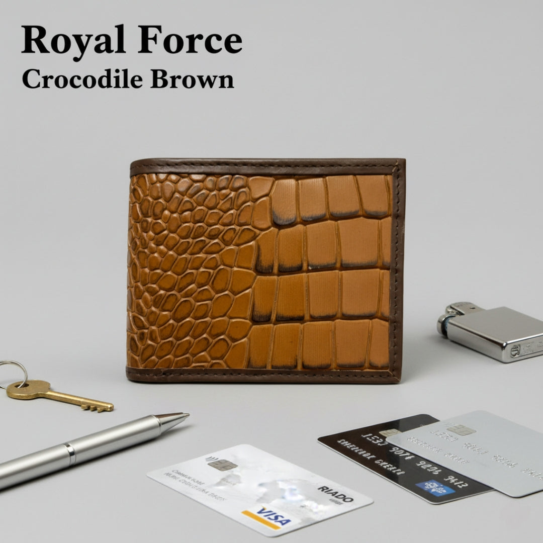 ROYAL FORCE Brown Men's Crocodile Slim Wallet With  AUSTIN RFID Blocking Bifold Credit Card Holder With Luxury Gift Box